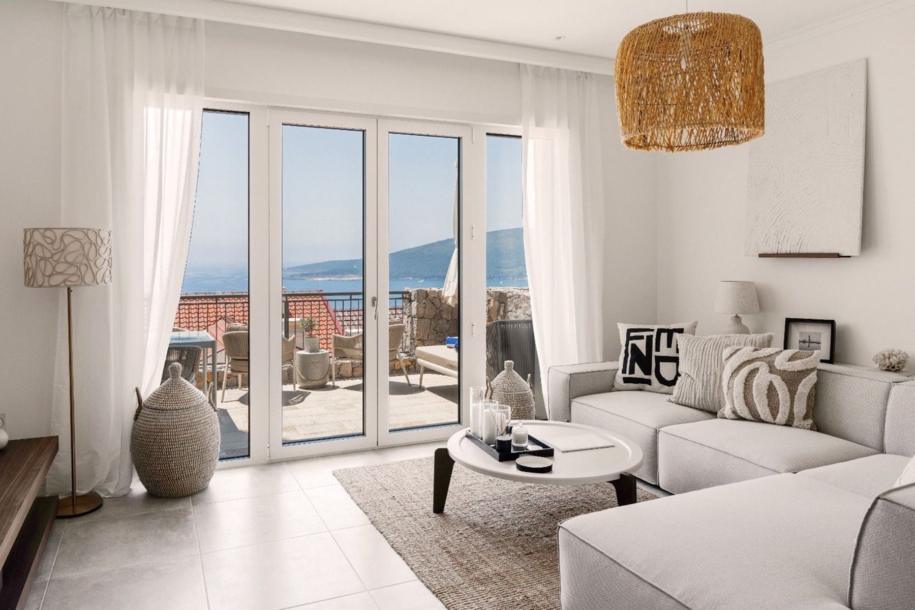 Marina Village 52 m² apartment, living room with full sea and terrace view